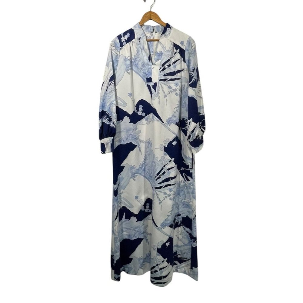 Vtg Tori Richard Honolulu Caftan Maxi Dress Artsy Asian Nature Motif Sz 16 NWT